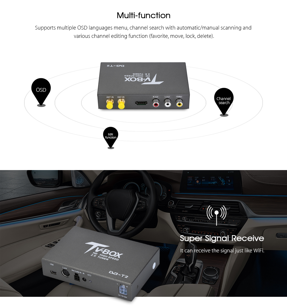 T338B HD DVB - T2 Car Digital TV Tuner with 2 Amplifier Antenna 