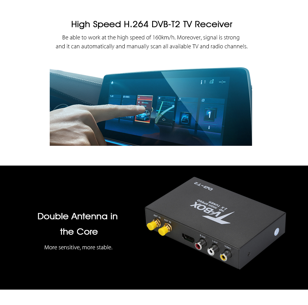 T338B HD DVB - T2 Car Digital TV Tuner with 2 Amplifier Antenna 