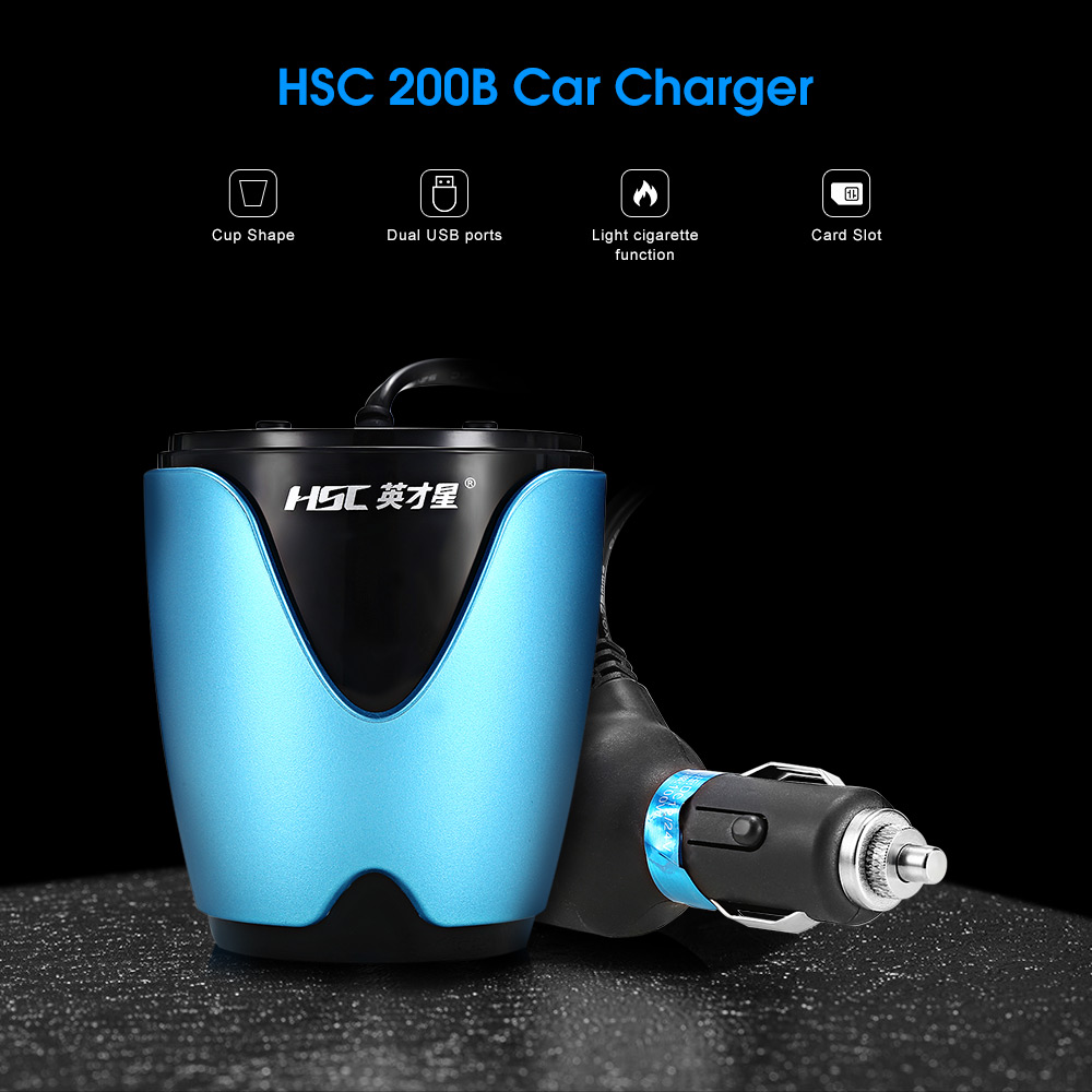 HSC 200B Car Charger Cup Shape / Dual USB / 3 Cigarette Lighter Sockets / Card Slot 