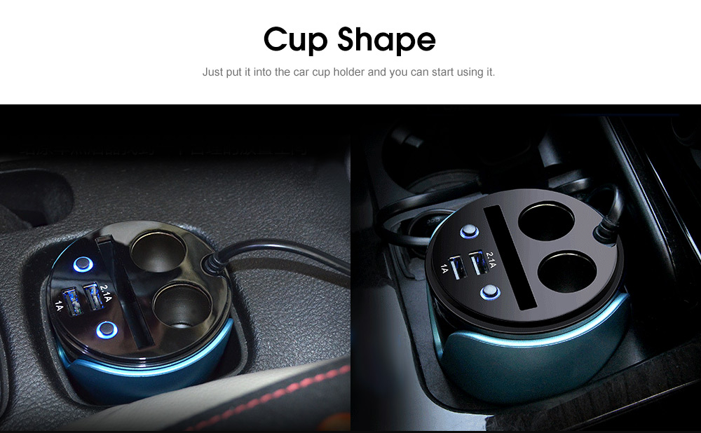 HSC 200B Car Charger Cup Shape / Dual USB / 3 Cigarette Lighter Sockets / Card Slot 