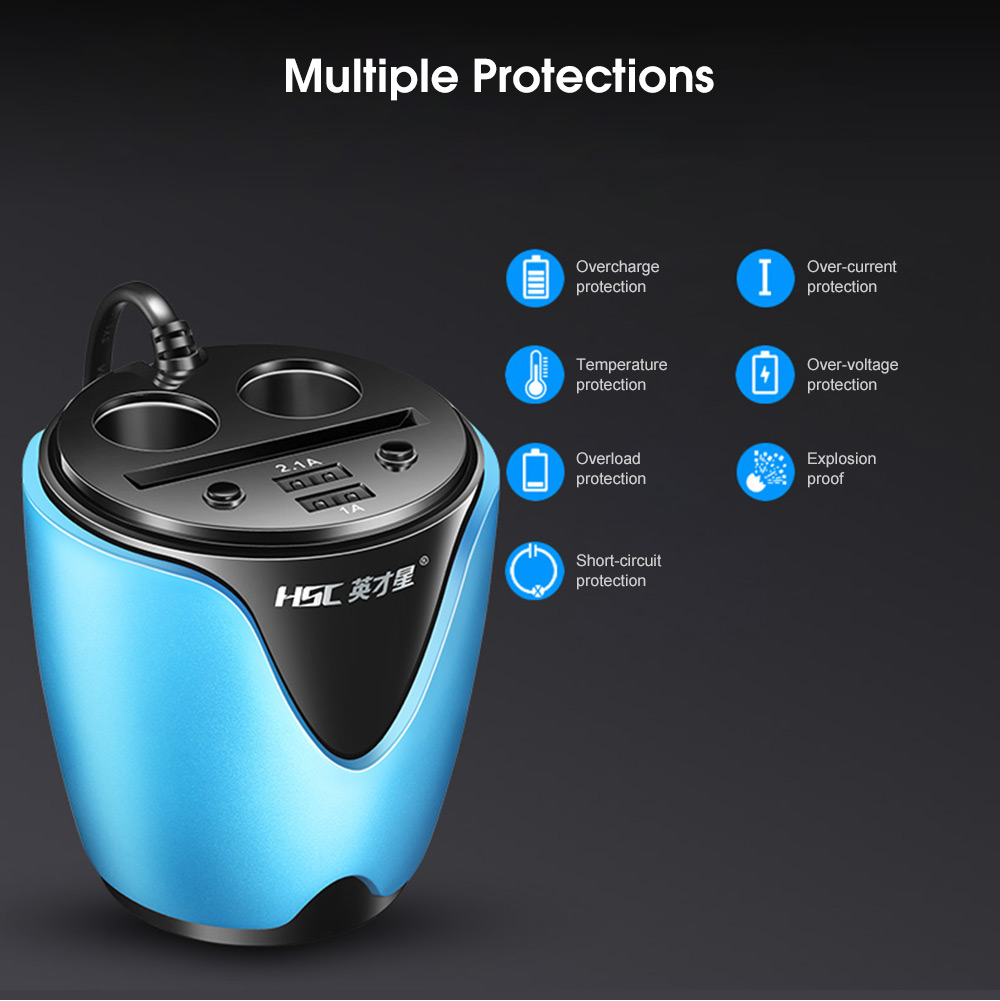 HSC 200B Car Charger Cup Shape / Dual USB / 3 Cigarette Lighter Sockets / Card Slot 