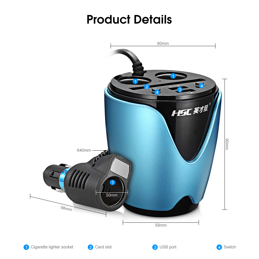 HSC 200B Car Charger Cup Shape / Dual USB / 3 Cigarette Lighter Sockets / Card Slot 