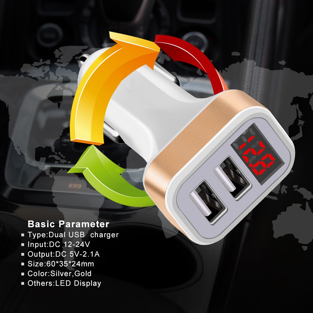 SpedCrd Dual USB Car Charger  5V 2.1A Digital Display Car Adapter