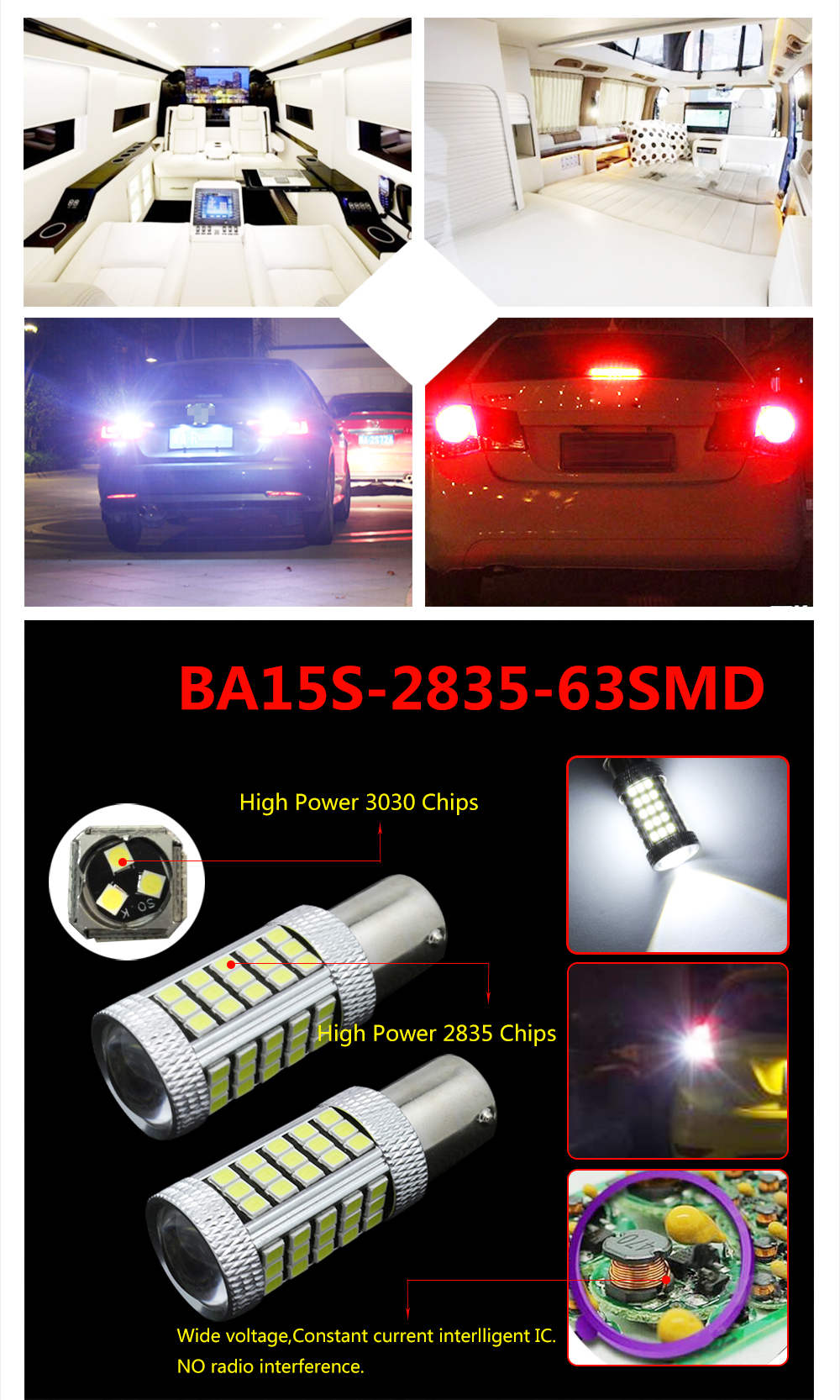 2PCS Super White 63smd High Power 1156 BA15S  2835 Headlight lamp LED bulbs 12-24v