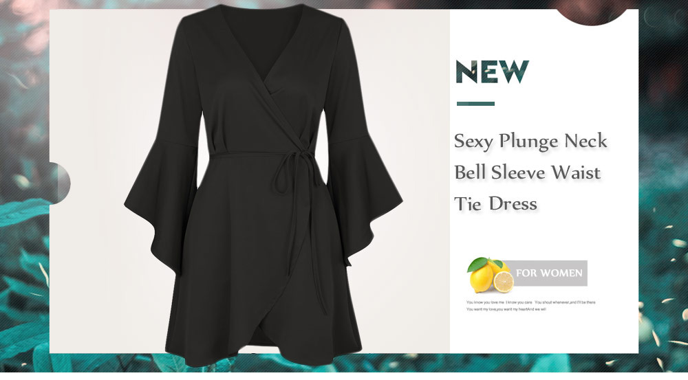 Sexy Plunge Neck Bell Sleeve Waist Tie Women Dress