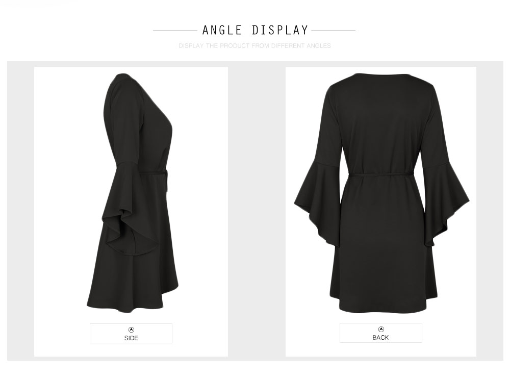 Sexy Plunge Neck Bell Sleeve Waist Tie Women Dress