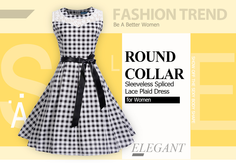 Round Collar Sleeveless Spliced Lace Plaid Belted A-line Women Dress