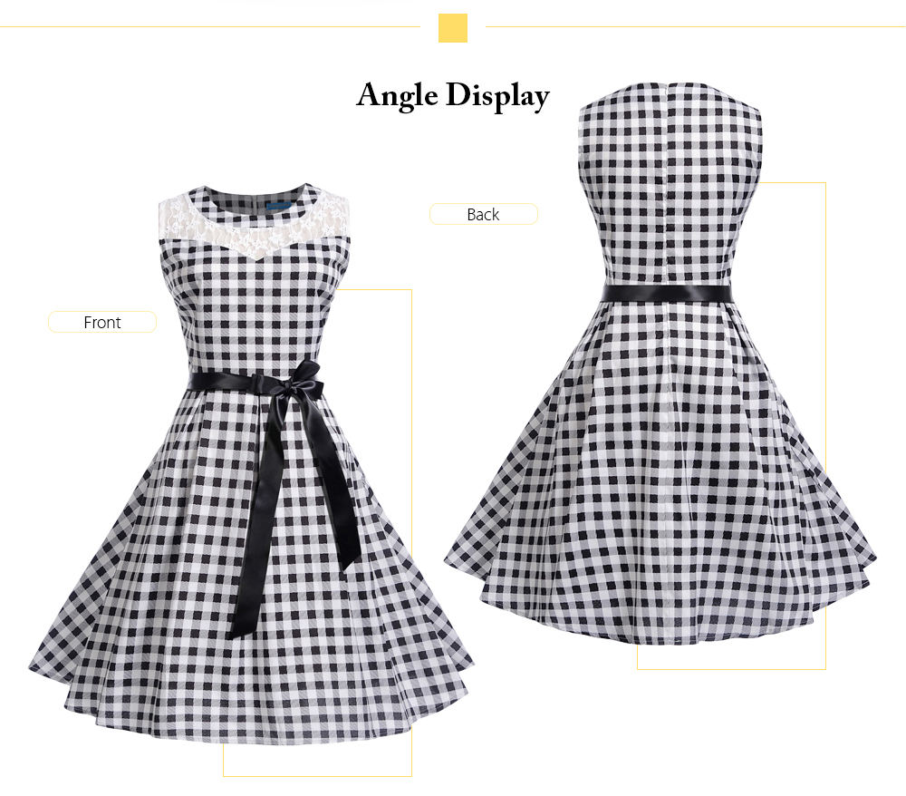 Round Collar Sleeveless Spliced Lace Plaid Belted A-line Women Dress