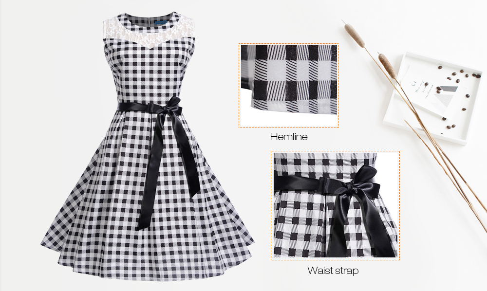 Round Collar Sleeveless Spliced Lace Plaid Belted A-line Women Dress