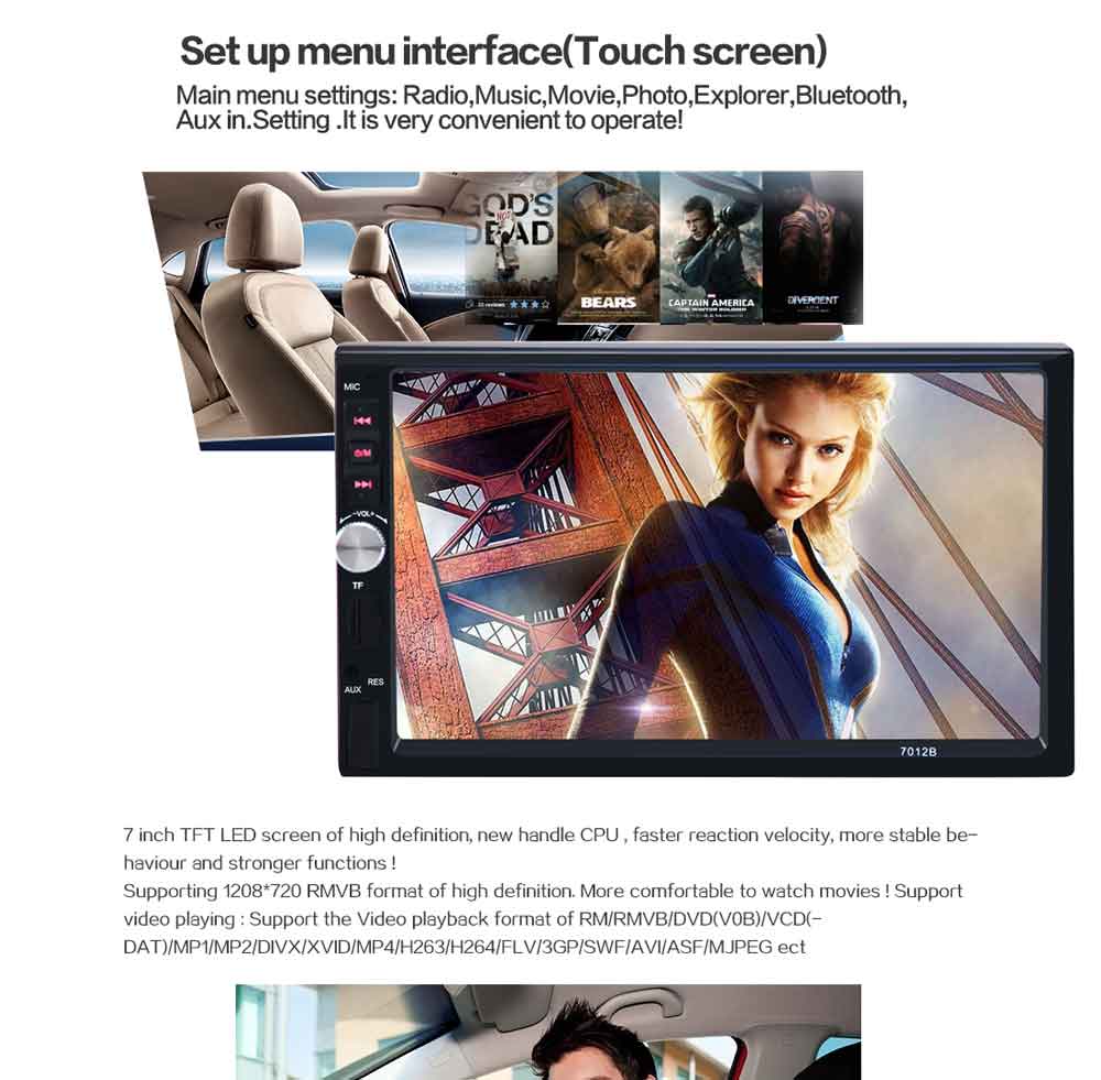 7012B 7 Inch Bluetooth V2.0 12V Car Audio Stereo MP5 Player Auto Video with Rearview Camera