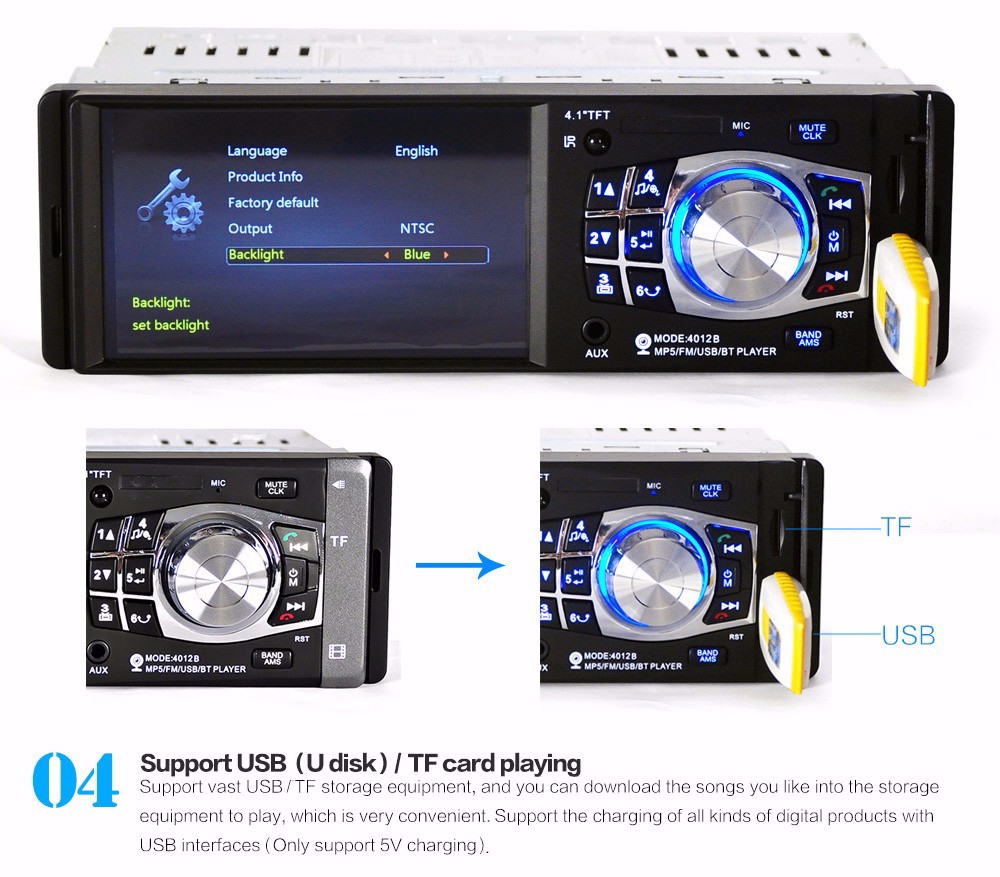 4012B 4.1 inch Car MP5 Vehicle-mounted Radio Multimedia Player Audio Video AUX FM USB Remote Control