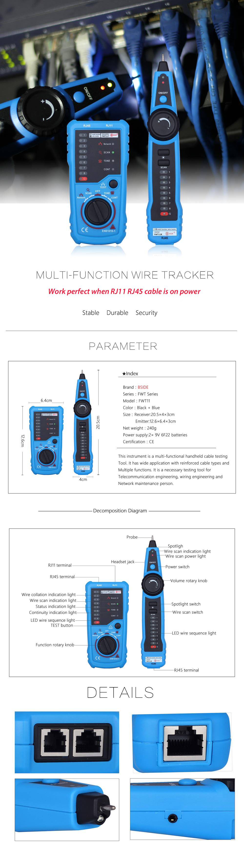 BSIDE FWT11 Handheld RJ45 RJ11 Network Telephone Cable Tester Wire line Tracker