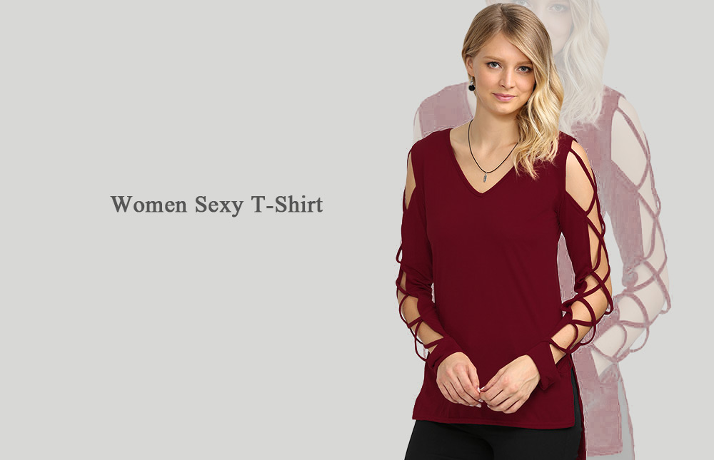 Sexy V Neck Hollow Out Solid Color Women T-Shirt