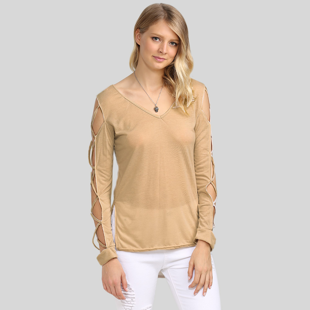 Sexy V Neck Hollow Out Solid Color Women T-Shirt