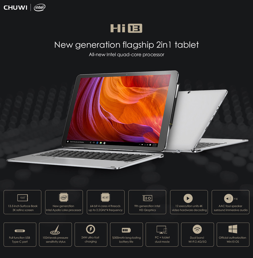 CHUWI Hi13 13.5 inch 2 in 1 Tablet PC Windows 10 Intel Apollo Lake Celeron N3450 Quad Core 1.1GHz 4GB RAM 64GB ROM Dual WiFi Cameras OTG