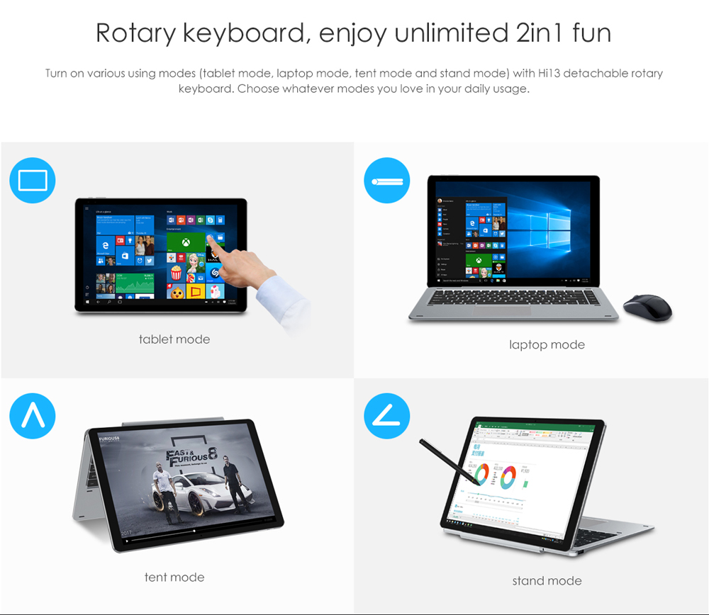 CHUWI Hi13 13.5 inch 2 in 1 Tablet PC Windows 10 Intel Apollo Lake Celeron N3450 Quad Core 1.1GHz 4GB RAM 64GB ROM Dual WiFi Cameras OTG