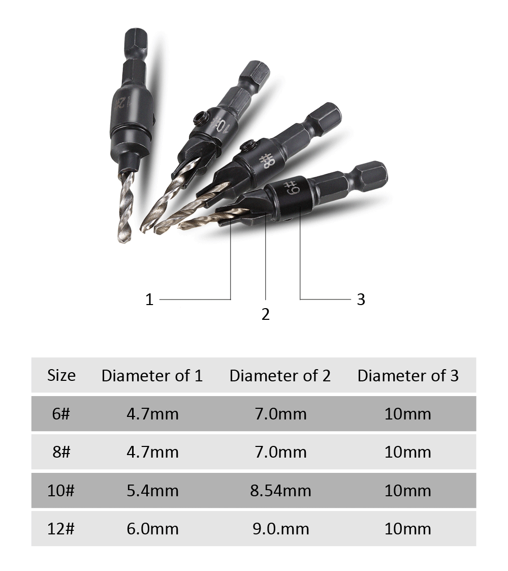 4pcs 1/4 inch Quick Change Hex Shank Countersink Drill Bit with Wrench