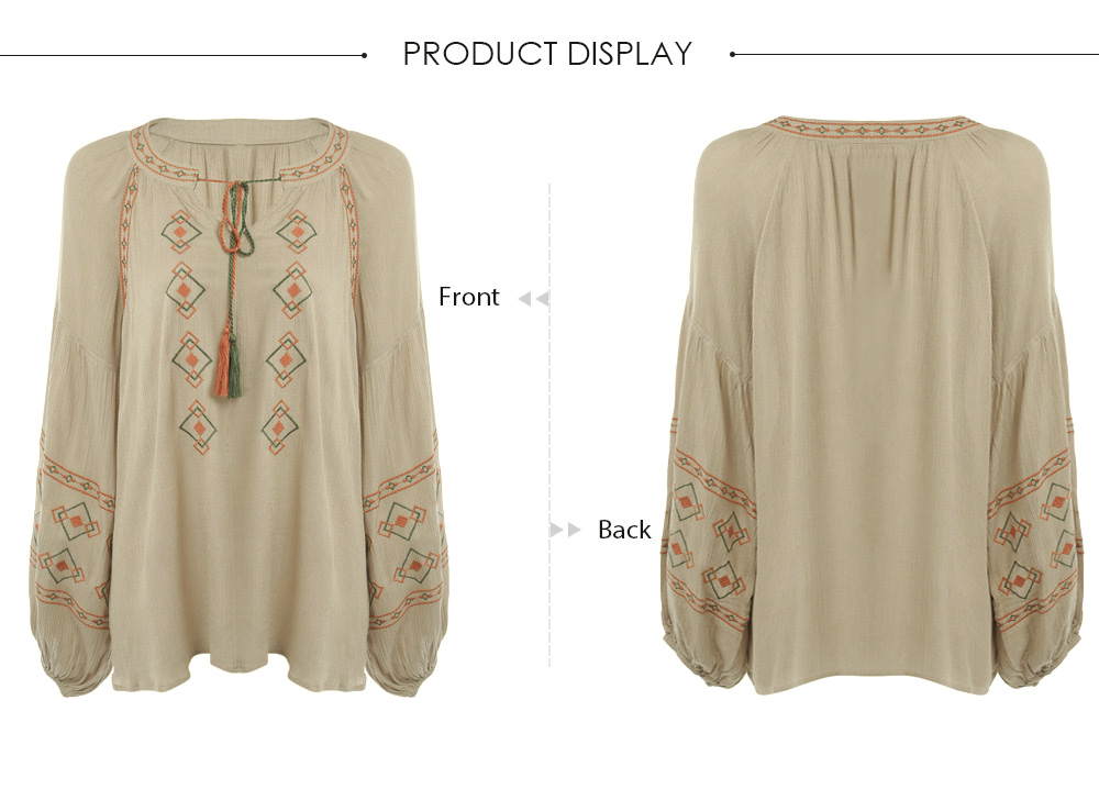 Stylish Round Collar Lantern Sleeve Tied Fringed Embroidery Women Blouse